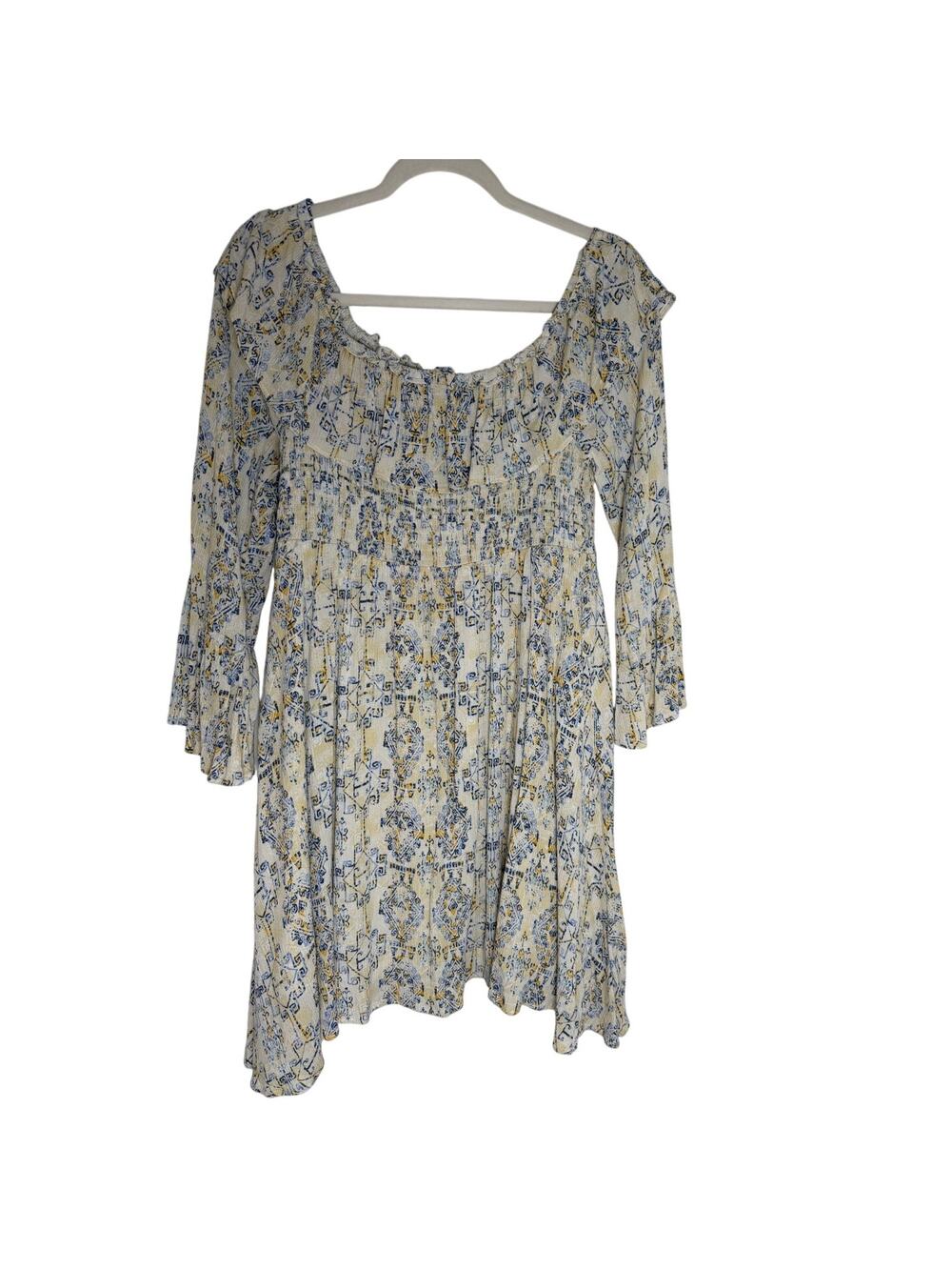 American Rag Cream with Blue & Yellow Off Shoulder Fit N Flare Dress Flare Cuffs